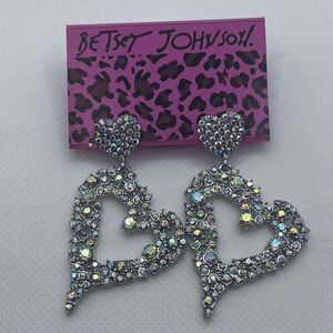 EARRINGS! Betsey Johnson Heart AB Crystal Post Dangle Earrings BNWT